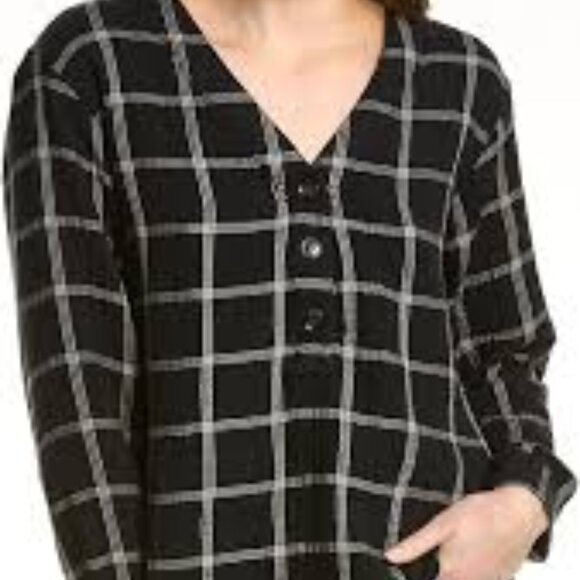 Madewell Light Spun Evert Windowpane Long Sleeve V Neck 1/2 Button Down Blouse S - Picture 1 of 10
